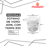 POTINHO 40ML DE VIDRO COM TAMPA R33 PLÁSTICA - BRANCA (120 PEÇAS) - Imagem 2