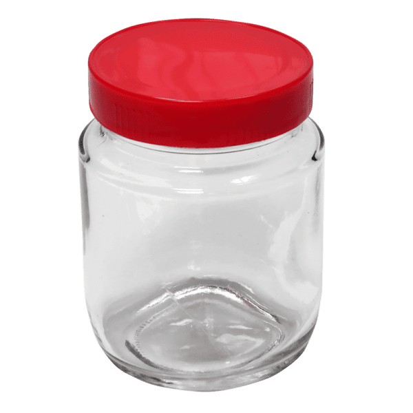 Tarro de cristal de 200 ml con tapa de plástico roja R-63